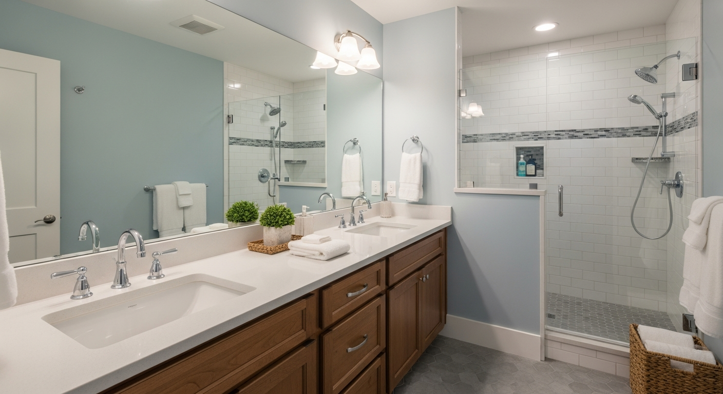 Statement vanity with vessel sink in elegant guest bathroom