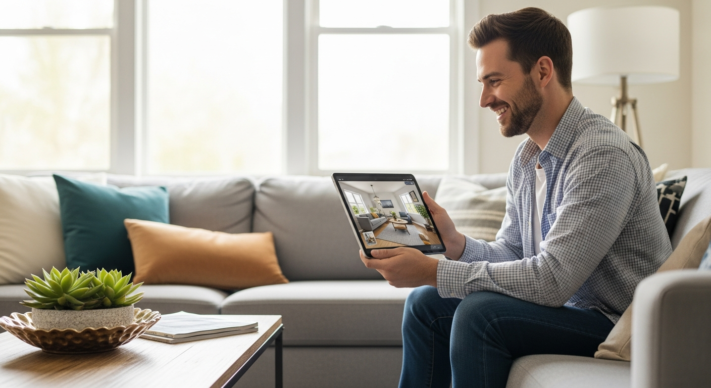 Homeowner confidently using HanoDecor to plan room makeover