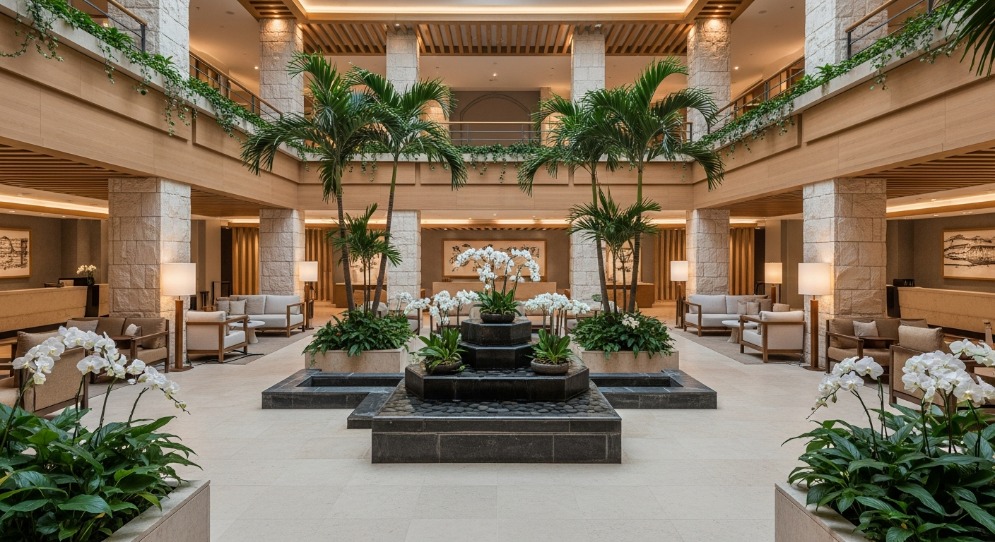 Hotel lobby with wellness-inspired design featuring natural stone, wood, indoor plants, and calm ambient lighting