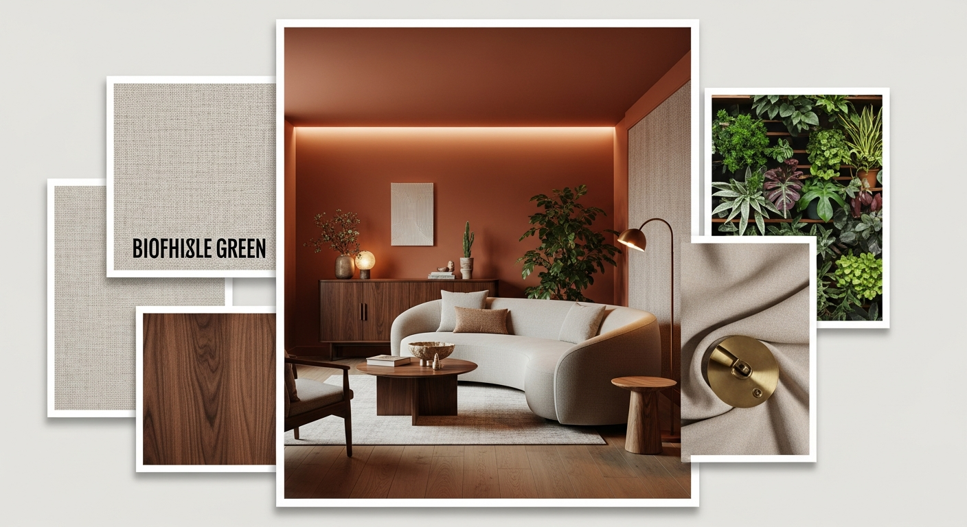 2026 interior design trends featuring warm minimalist living room with dark wood, teal accents, and biophilic elements