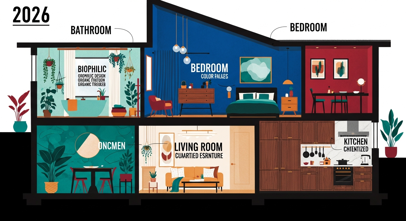 Overview of 2026 interior design trends showing rooms with biophilic elements, color drenching, warm minimalism, and dark wood