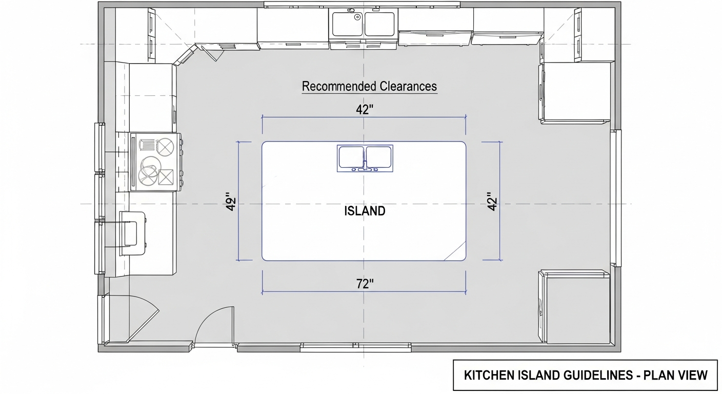 Kitchen showing proper island sizing and clearances