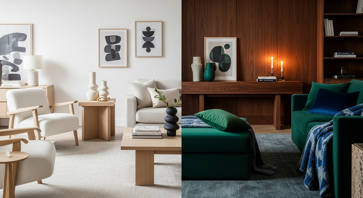 Comparison of bleached oak room with boucle versus rich walnut room with velvet and mohair textiles