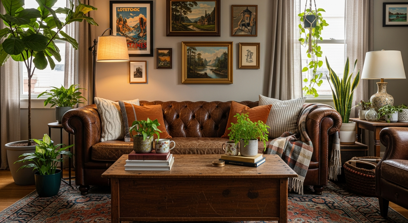 Beautifully imperfect lived-in living room with vintage furniture, natural patina, and a collected, authentic atmosphere