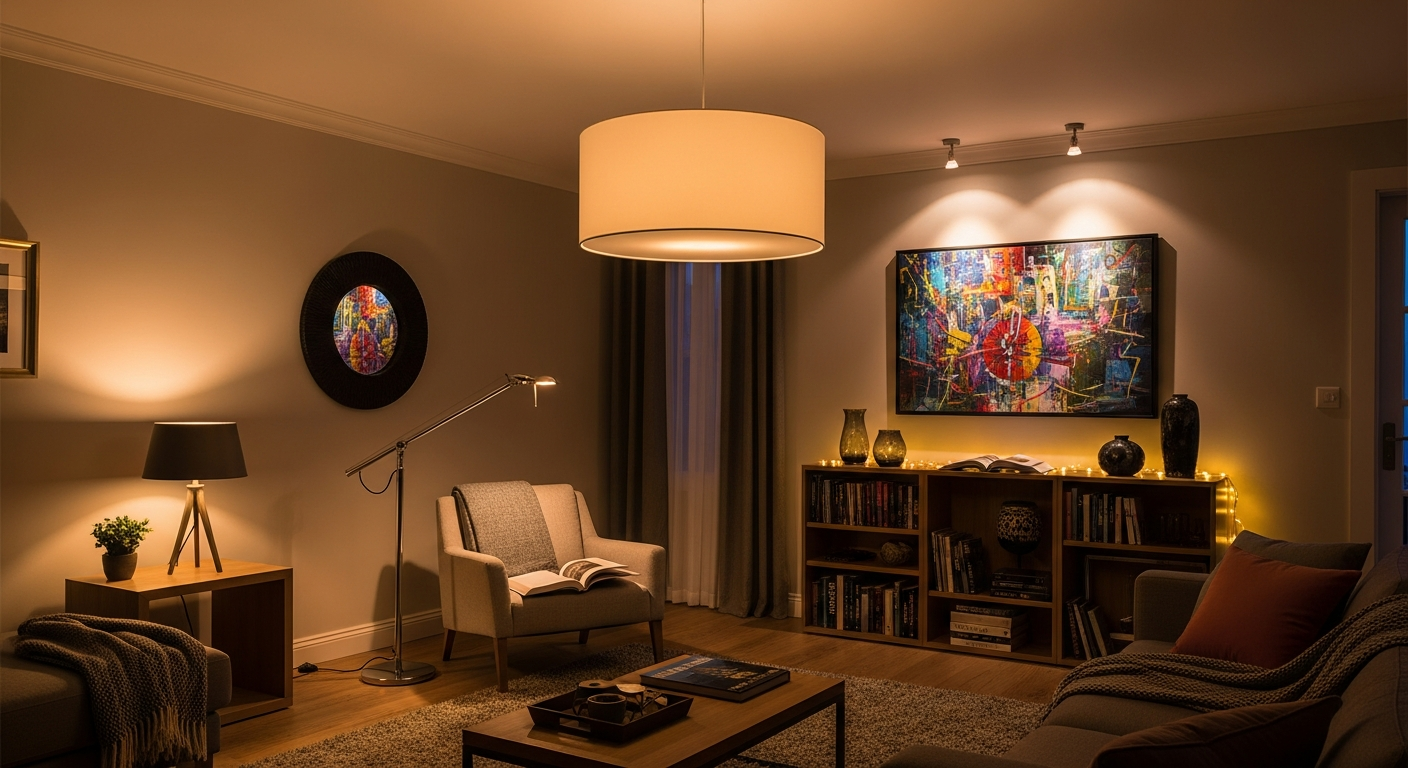 Living room showing three layers of lighting: ambient, task, and accent