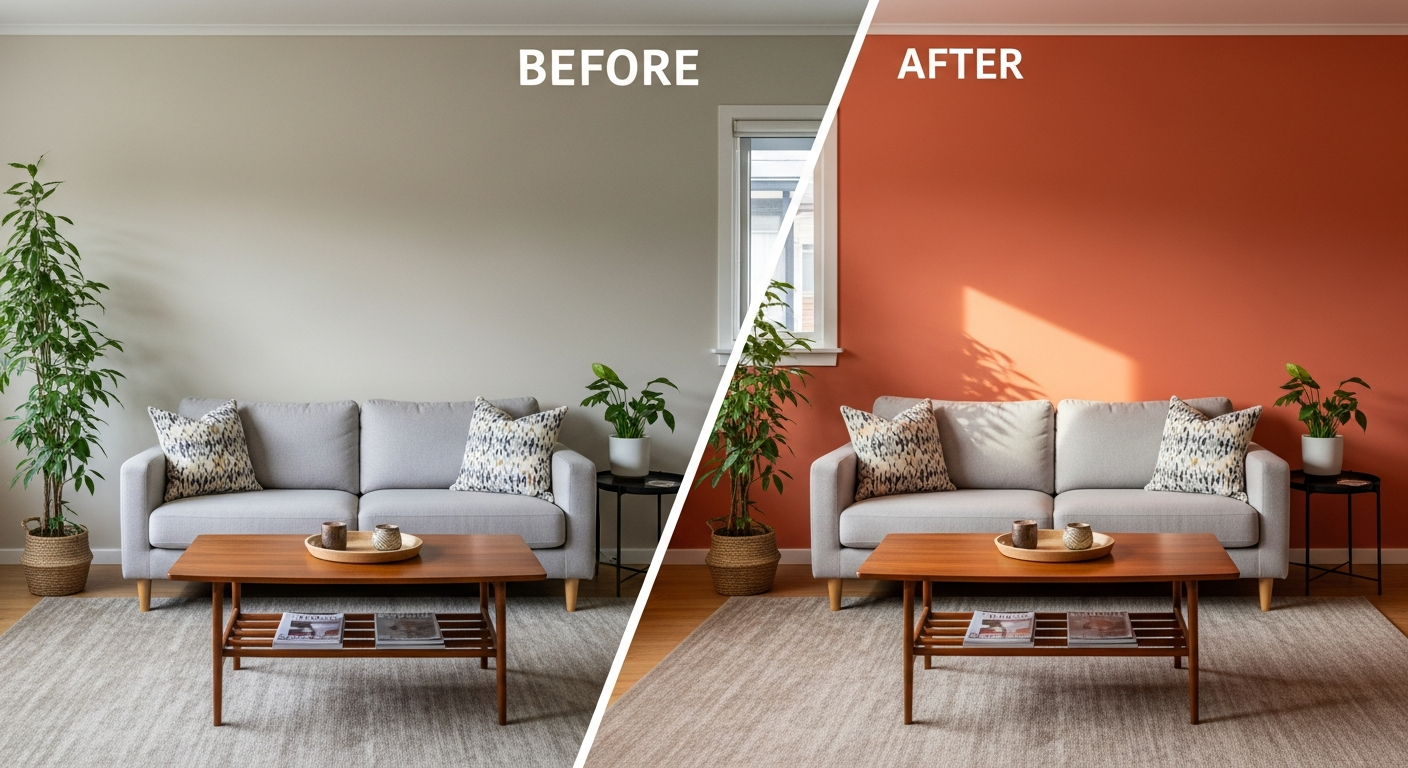 Before and after living room paint transformation