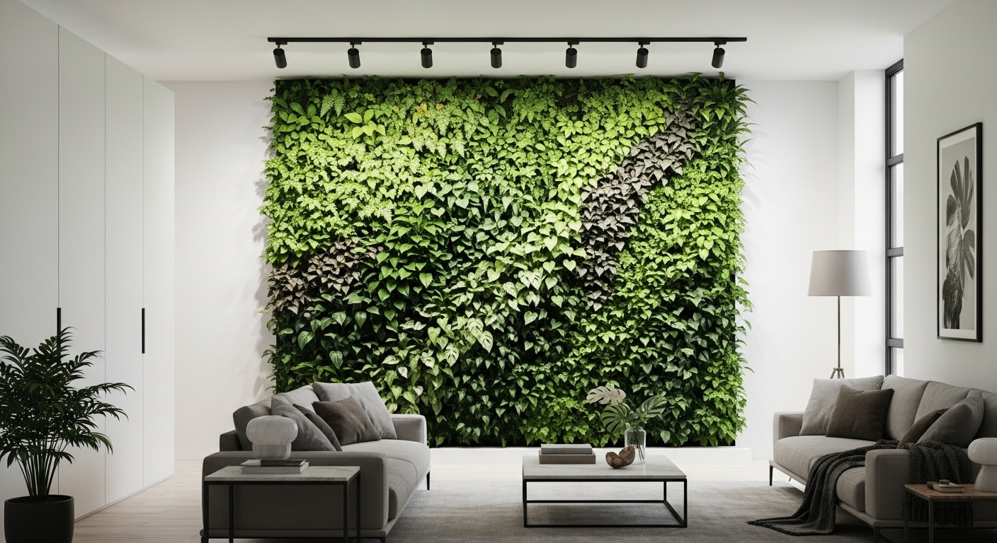 Floor-to-ceiling living green wall with diverse tropical plants in a modern interior space
