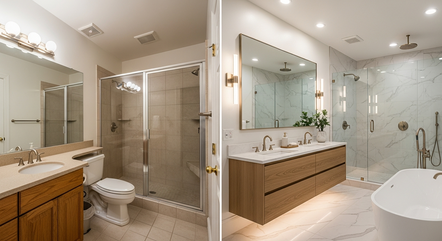 Before and after master bathroom remodel showing transformation from dated builder-grade to luxury spa bathroom