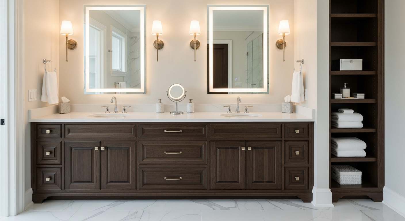 Luxury master bathroom double vanity with dark wood cabinetry, brass hardware, quartz countertop, and backlit mirrors