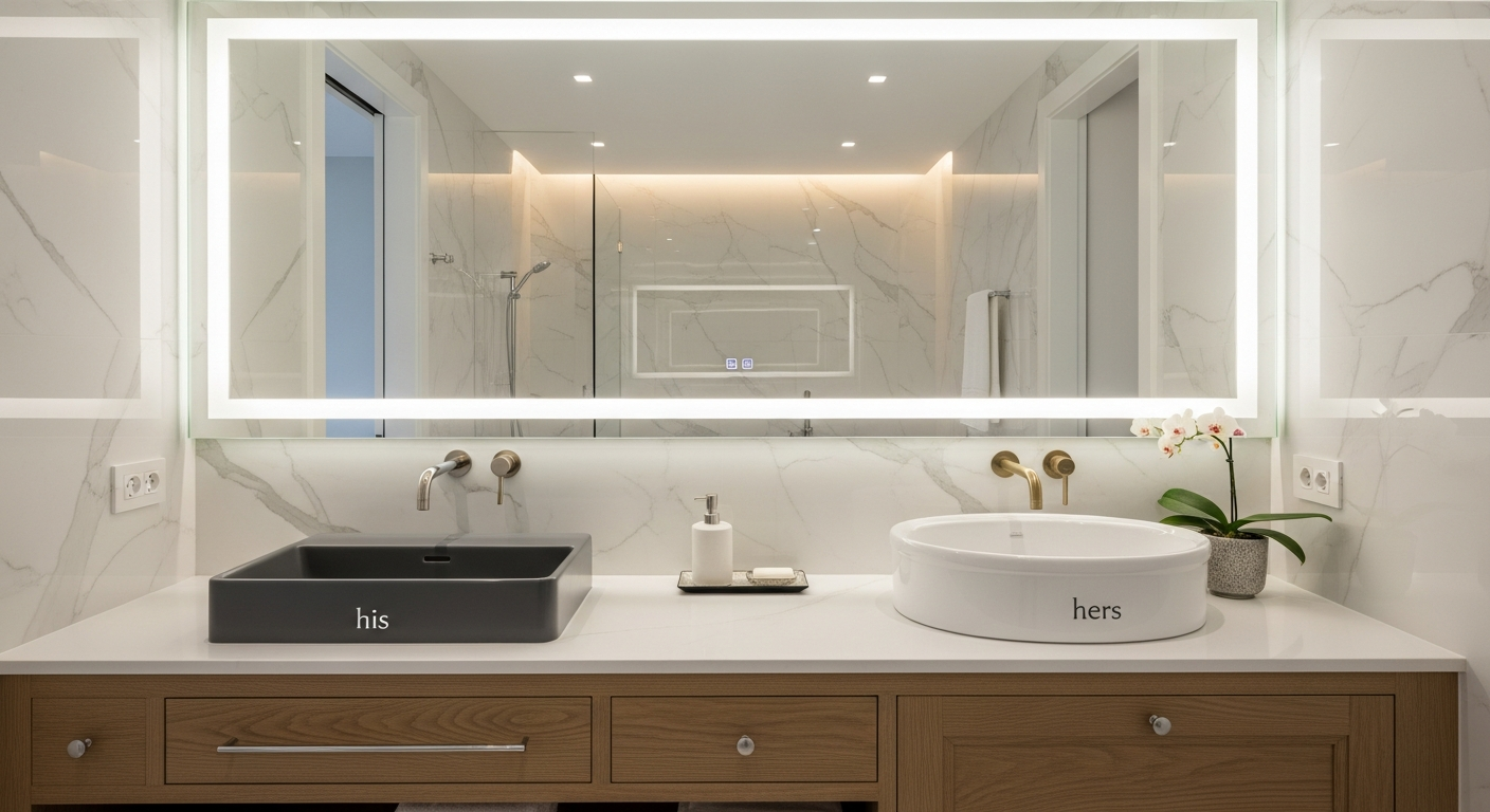 Elegant double vanity in master bathroom with ample storage