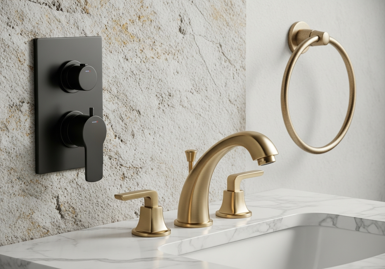 Comparison of luxury bathroom fixture finishes including brushed gold, matte black, and champagne bronze on marble