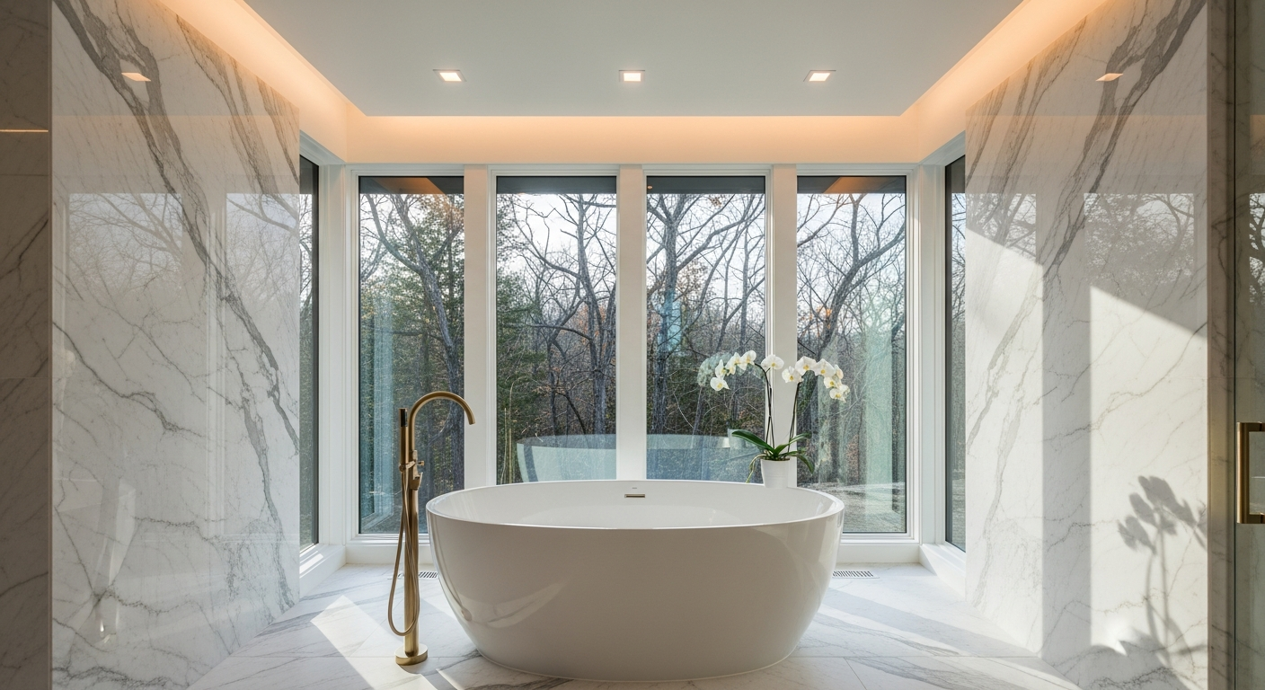 Luxury master bathroom with freestanding soaking tub by floor-to-ceiling windows with marble walls and brass fixtures