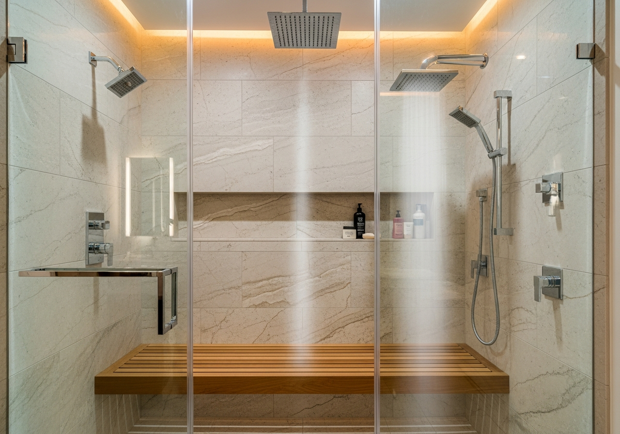Walk-in steam shower with frameless glass, natural stone walls, rain showerhead, body sprays, and teak bench