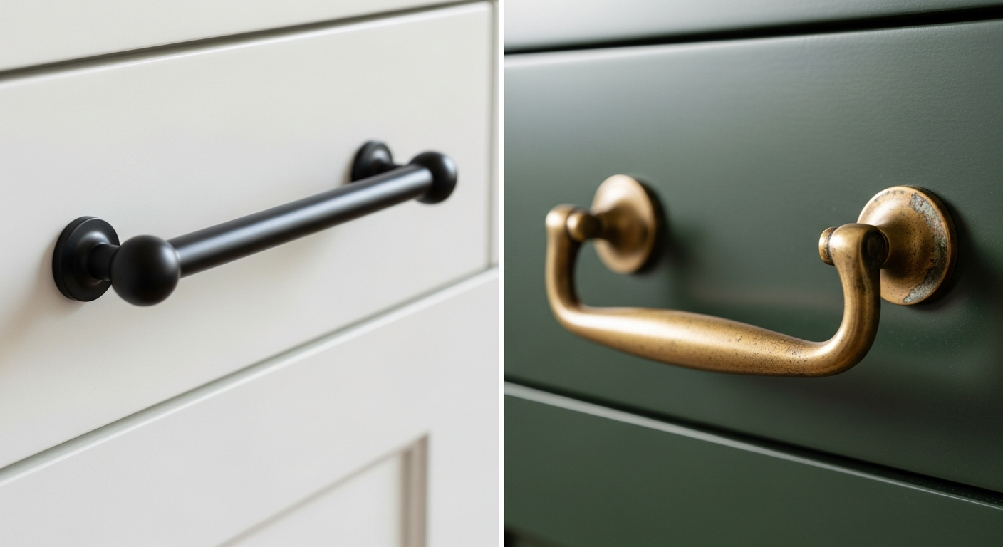 Comparison of matte black cabinet hardware versus aged unlacquered brass hardware with patina