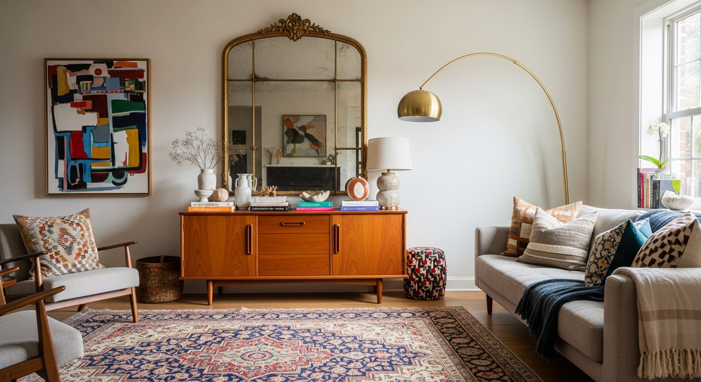 Living room beautifully mixing mid-century modern furniture with antique pieces and contemporary art for an eclectic, collected look