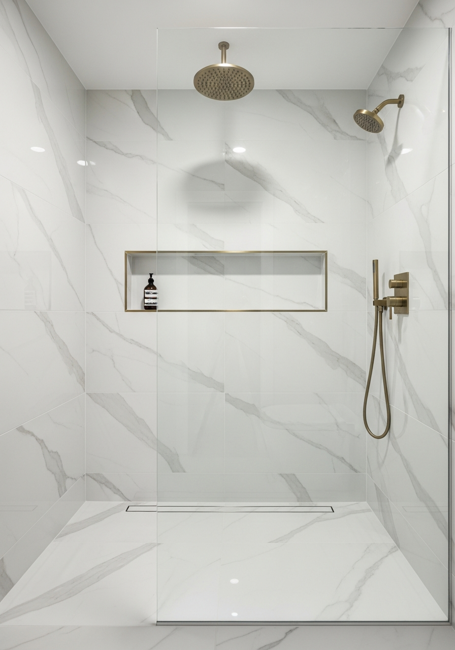 Modern curbless walk-in shower with large format marble-look porcelain and frameless glass