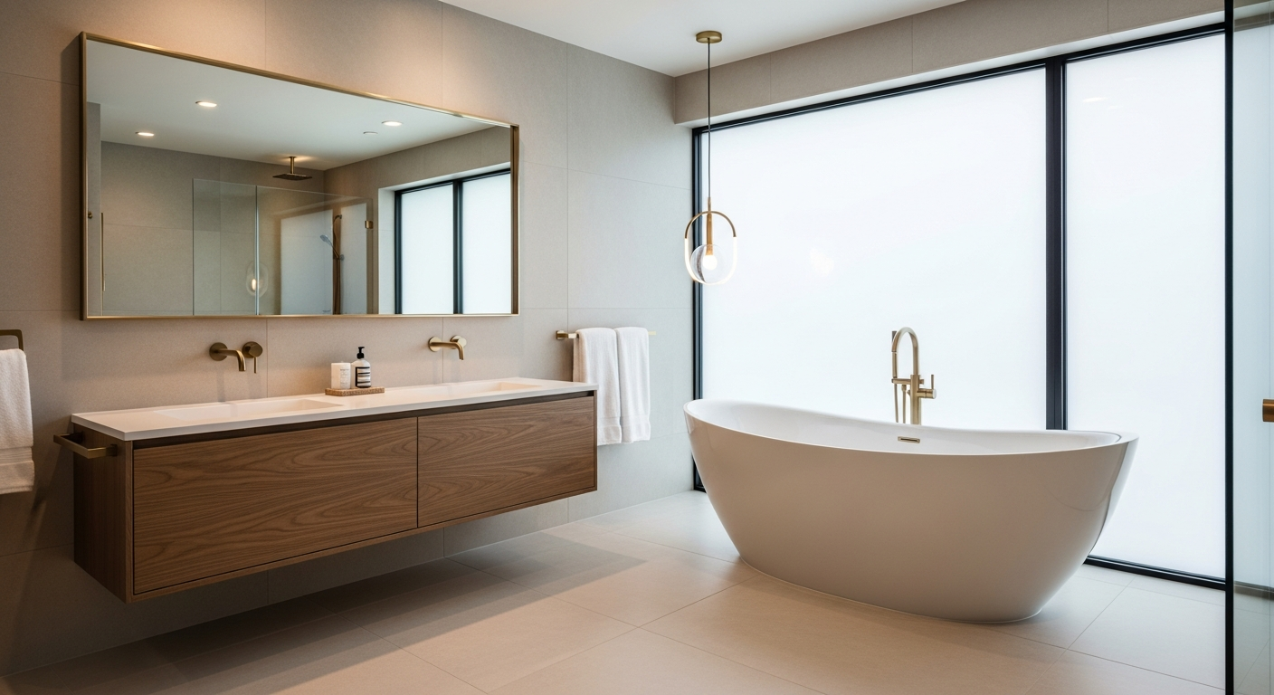 Modern luxury master bathroom with freestanding tub, double floating vanity, and warm wood accents