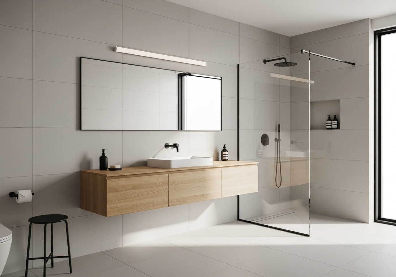 Modern minimalist bathroom with large format tile, floating vanity, and frameless glass shower
