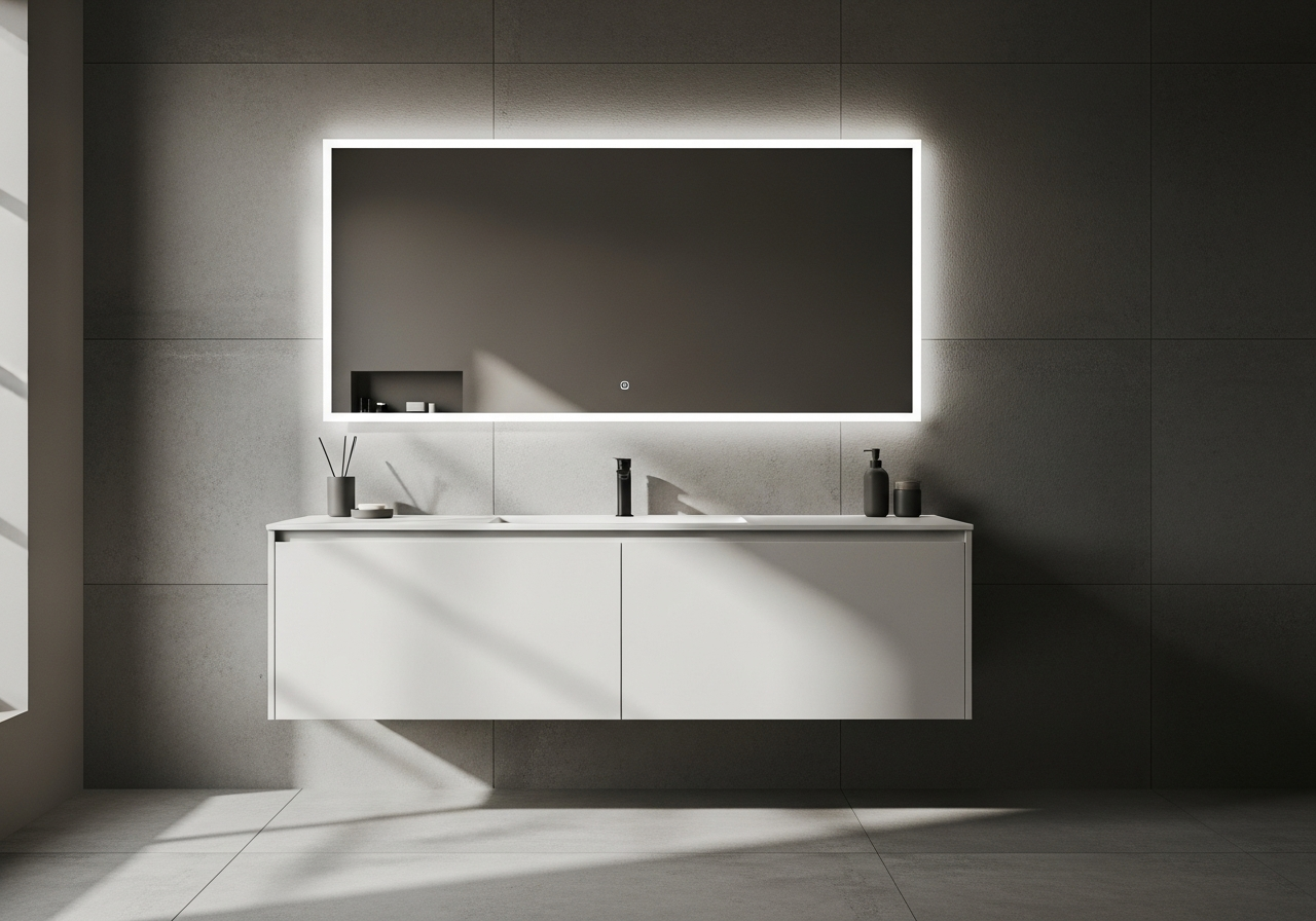 Modern bathroom in warm monochromatic gray tones with floating vanity and LED mirror
