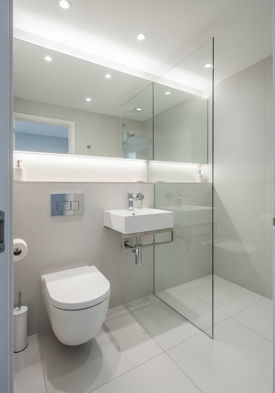 Modern small bathroom maximizing space with floating vanity, wall-mounted toilet, and frameless glass