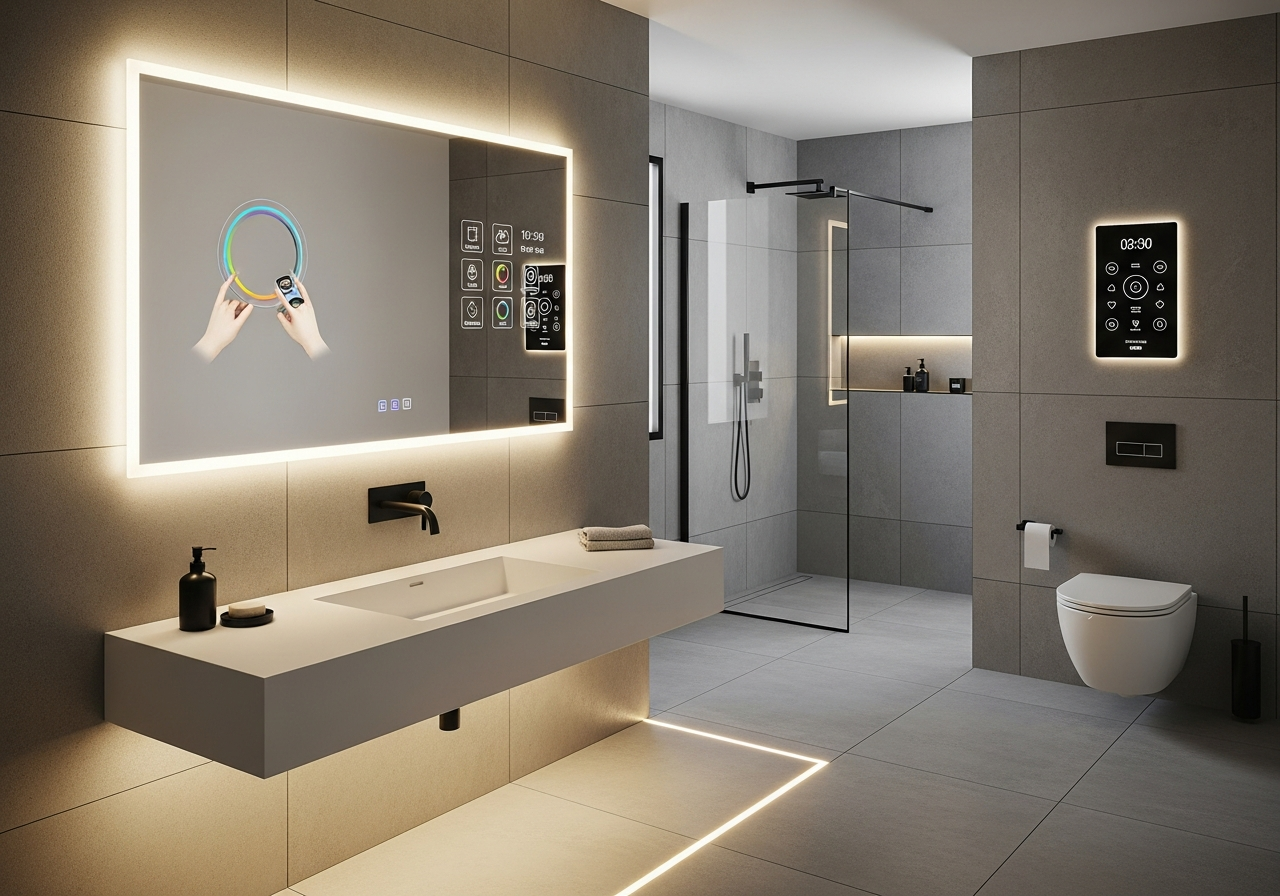 Modern bathroom smart technology with LED mirror, touchless faucet, and digital shower controls