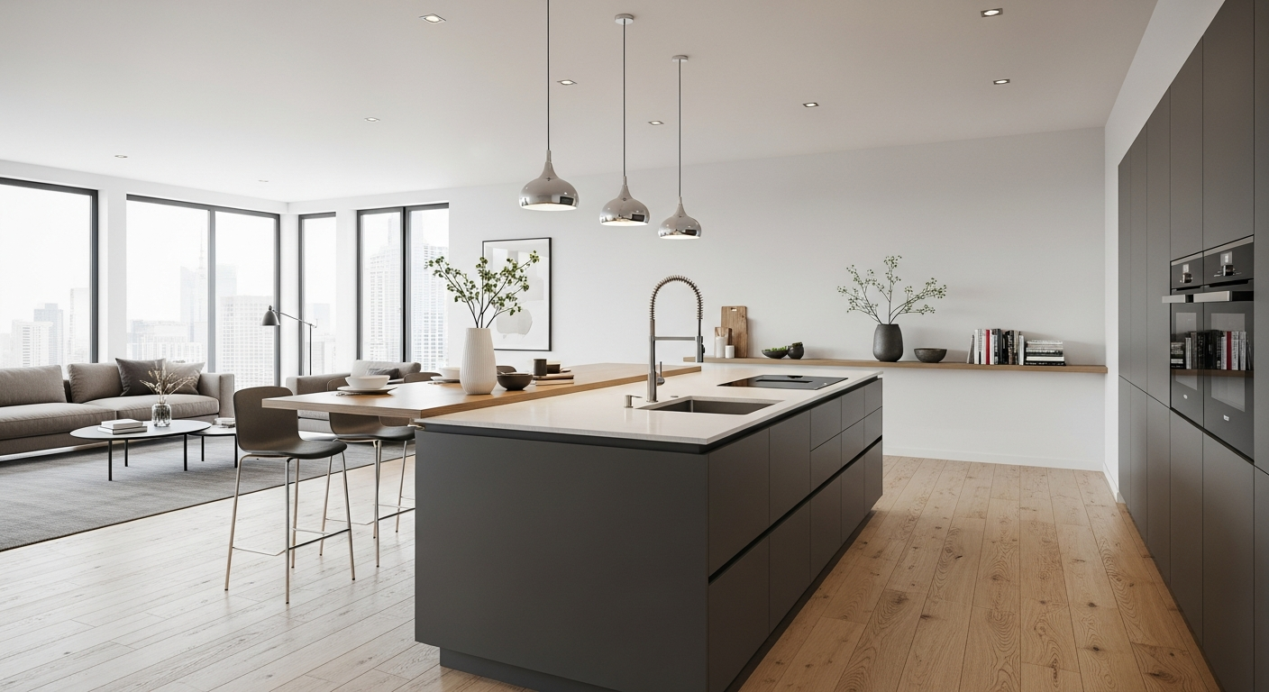Modern kitchen layout featuring multi-functional island