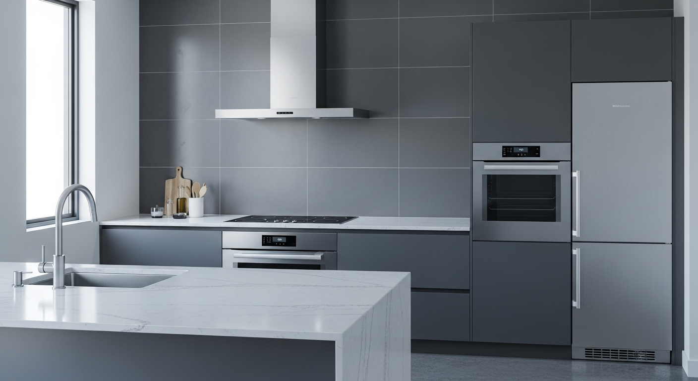 Modern kitchen showcasing material palette of stone, wood, and metal