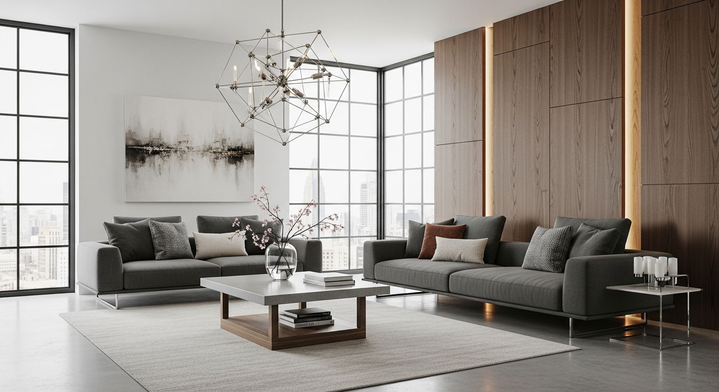Modern living room with low-profile sofa and statement coffee table