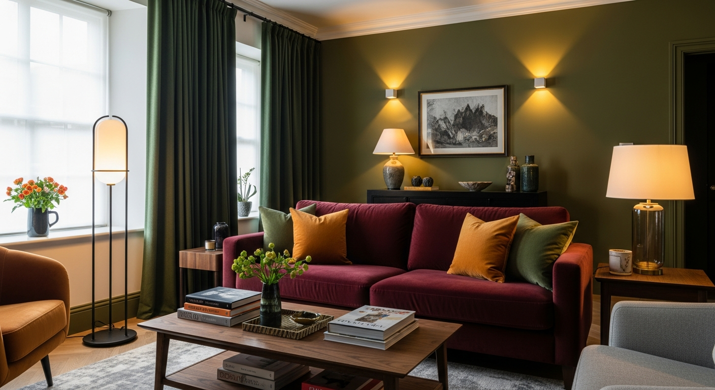 Sophisticated living room showcasing moody color palette with burgundy, olive, and ochre tones