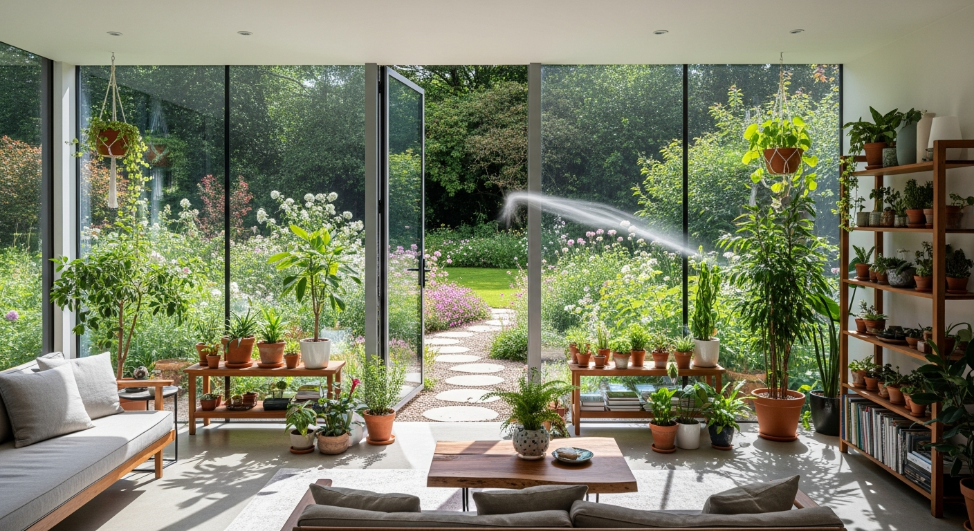Light-filled biophilic room with floor-to-ceiling windows, indoor plants, and natural wood furniture