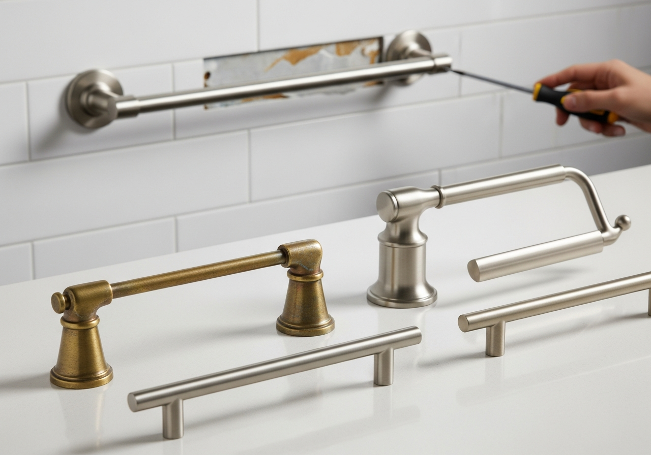Close-up of modern brushed nickel hardware replacing dated brass bathroom fixtures