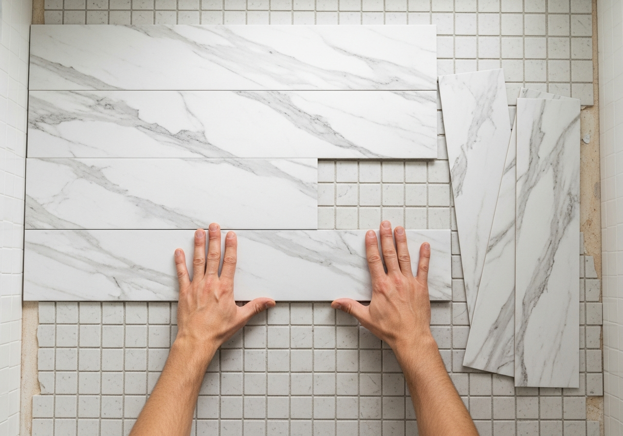 Luxury vinyl peel-and-stick planks being applied over existing bathroom floor tile