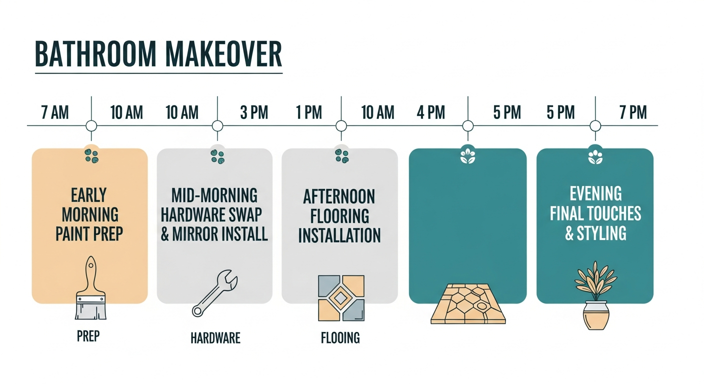 Visual hourly timeline for a full-day bathroom makeover from 7AM to 7PM
