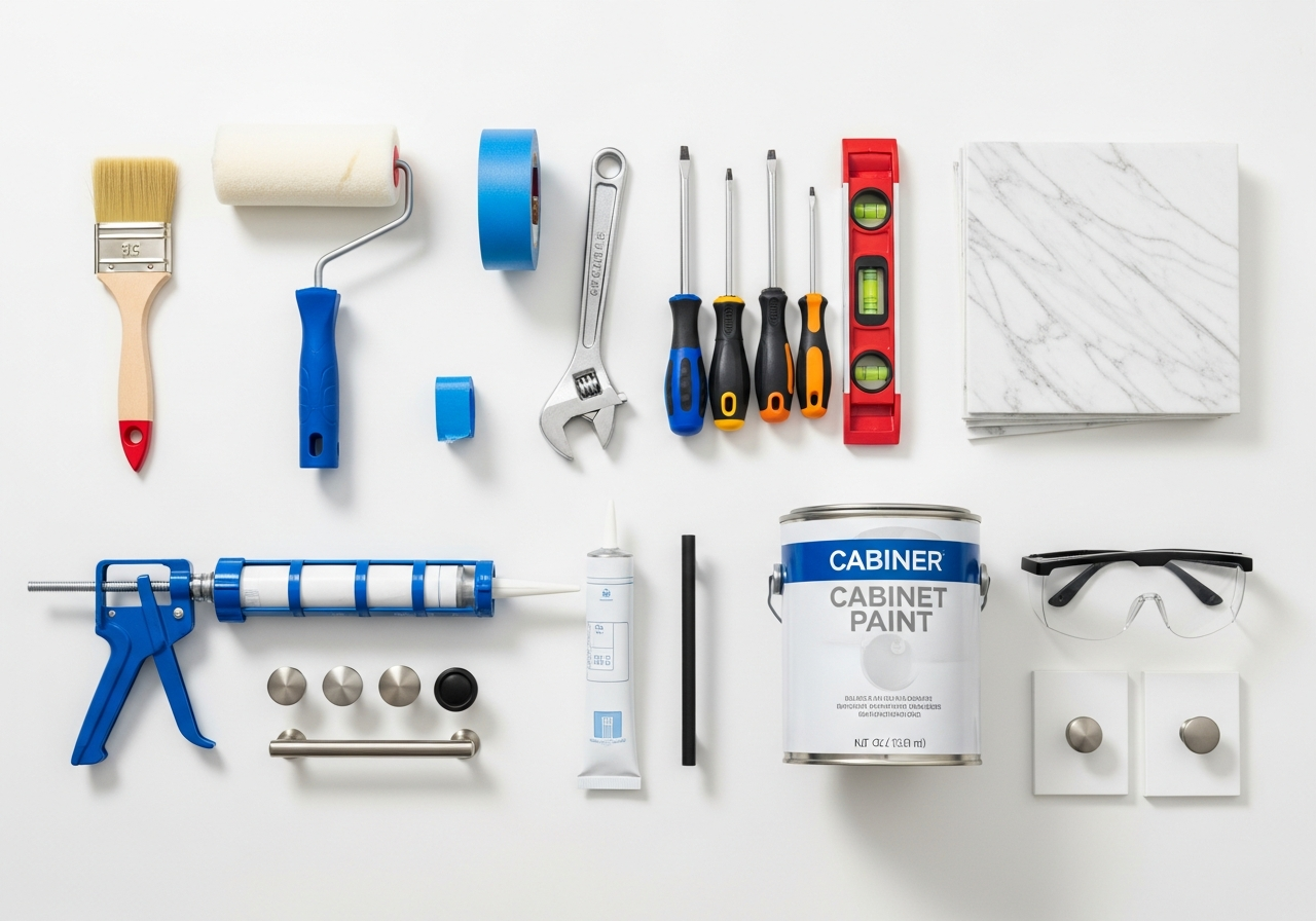 Flat-lay of all tools and materials needed for a one-day bathroom makeover