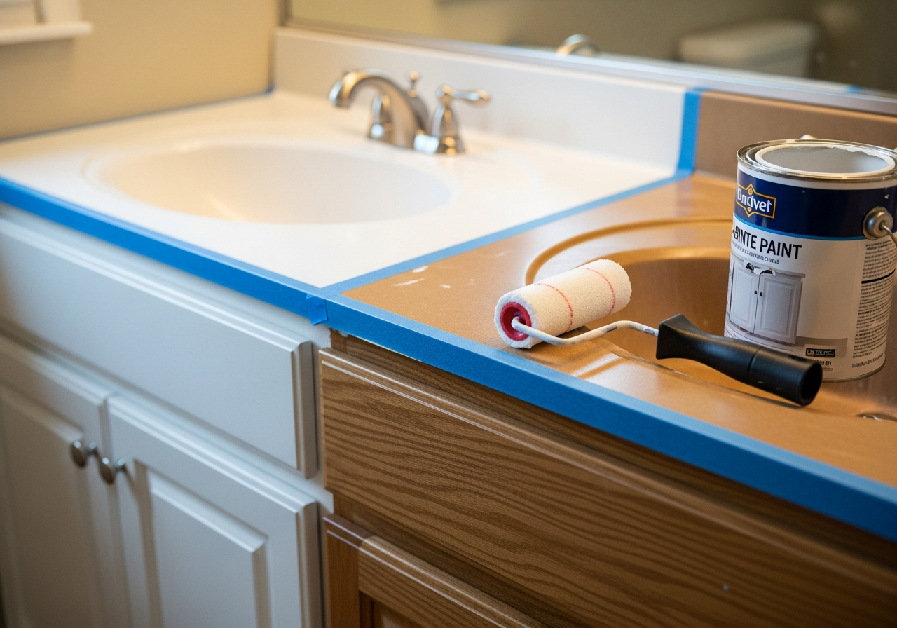 Process shot of bathroom vanity being painted from honey oak to clean white