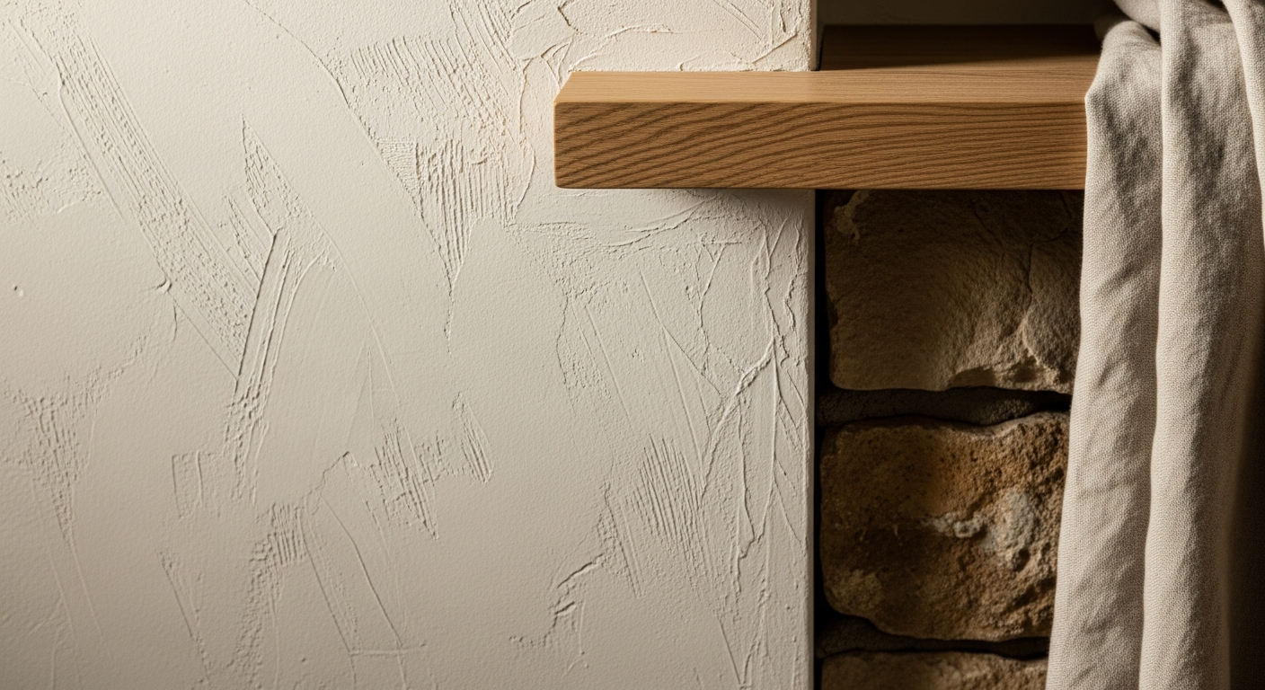 Close-up of limewash plaster walls, natural wood grain, and stone textures