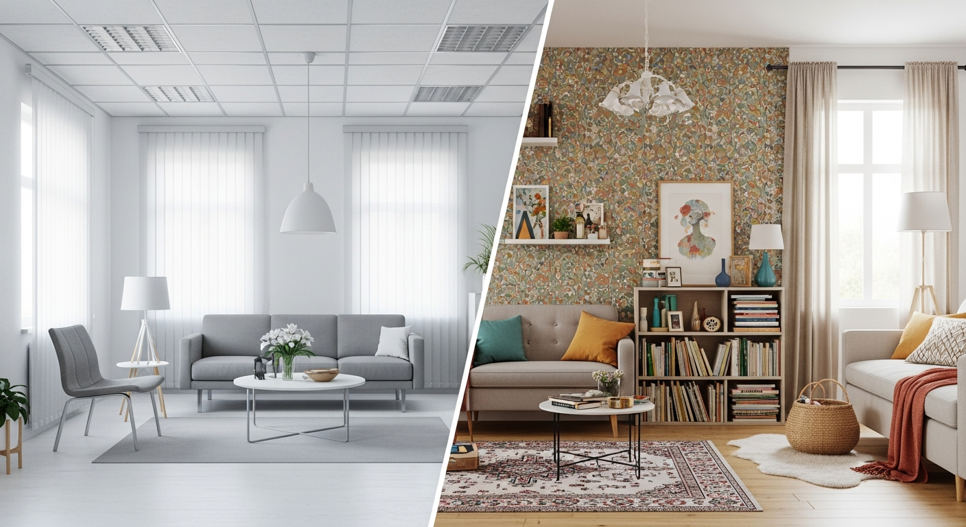 Side by side comparison of cold gray sterile room versus warm colorful layered interior