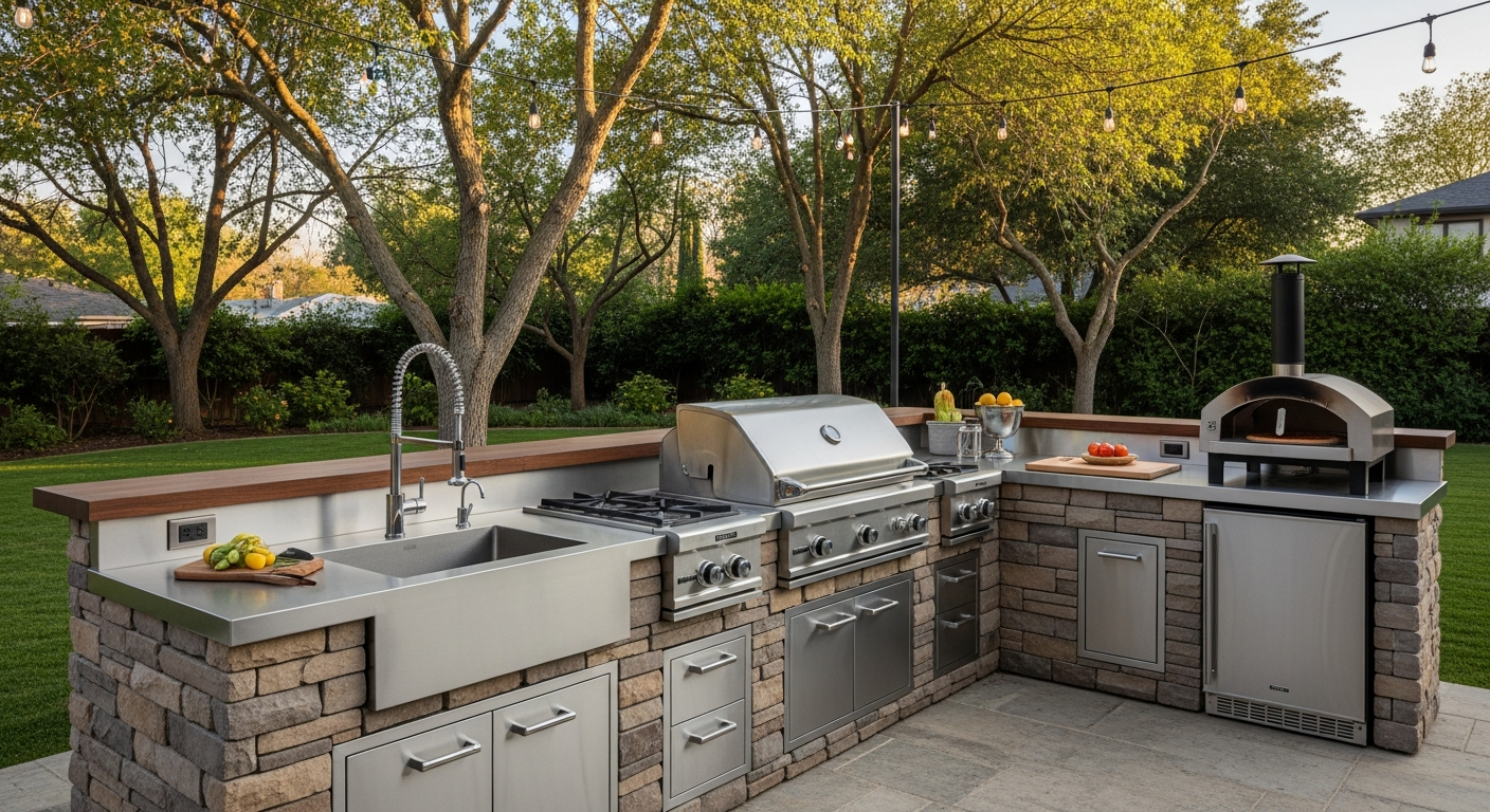 Outdoor kitchen counter materials and storage options