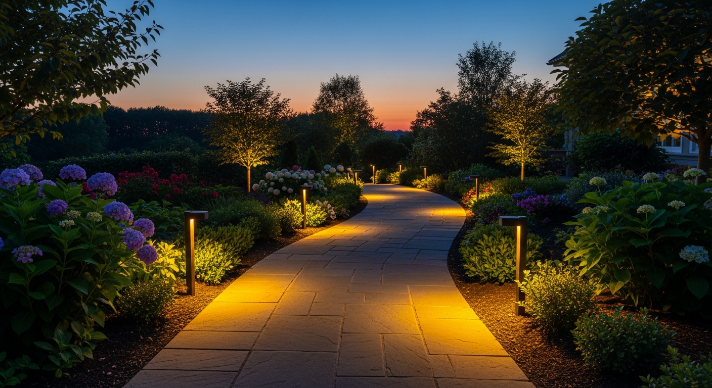 Pathway and landscape lighting illuminating garden walkway