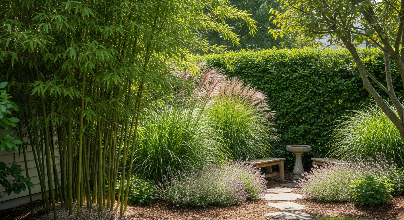 Living privacy screens with hedges, bamboo, and ornamental grasses