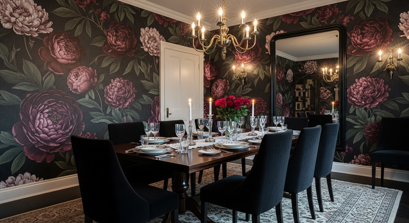 Dramatic oversized floral wallpaper with deep burgundy peonies in an elegant dining room