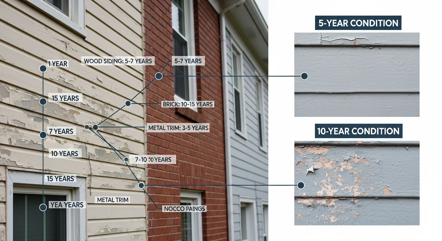 Infographic showing exterior paint lifespan by siding type