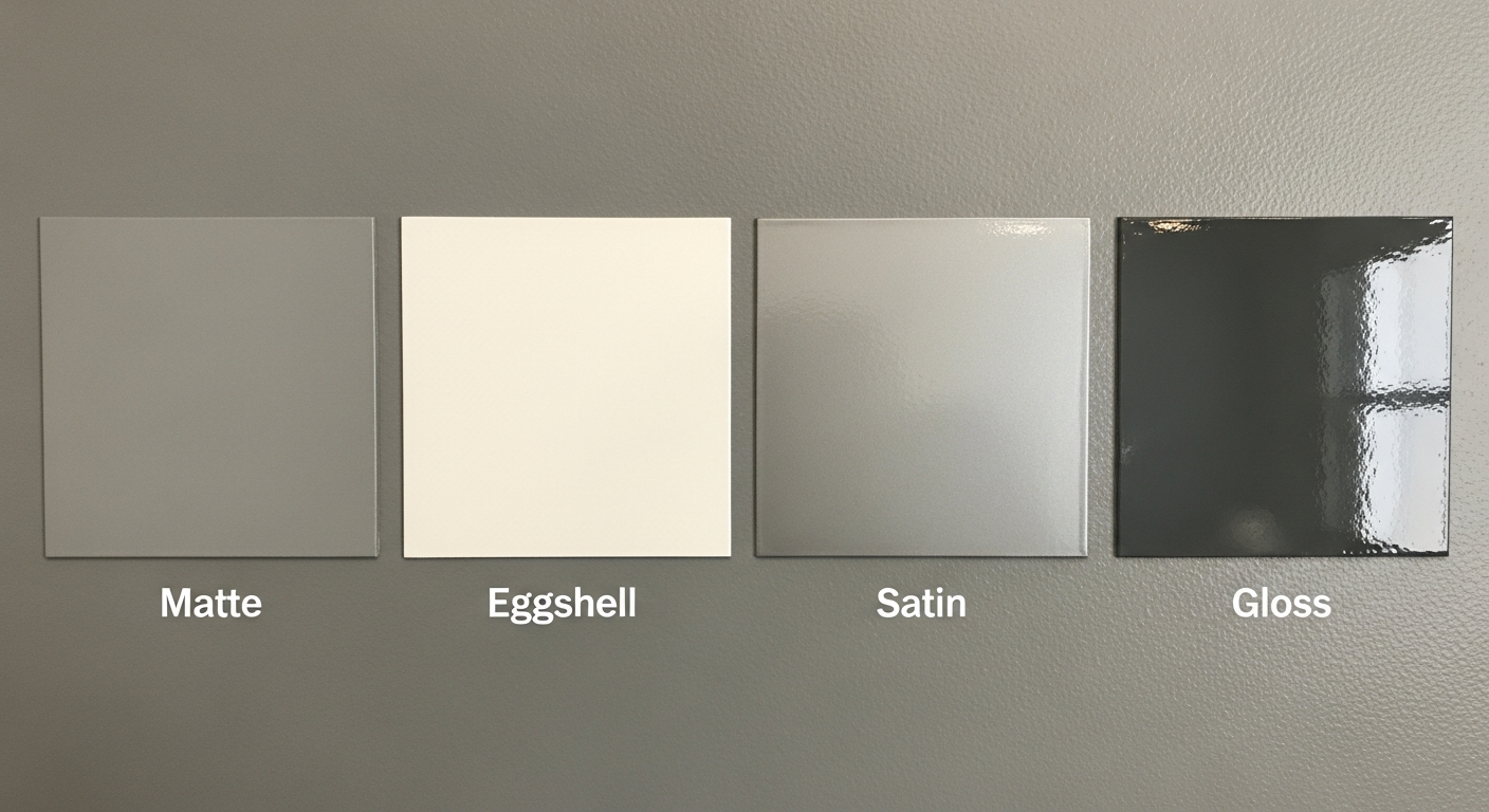 Paint samples showing different sheens from flat to high gloss