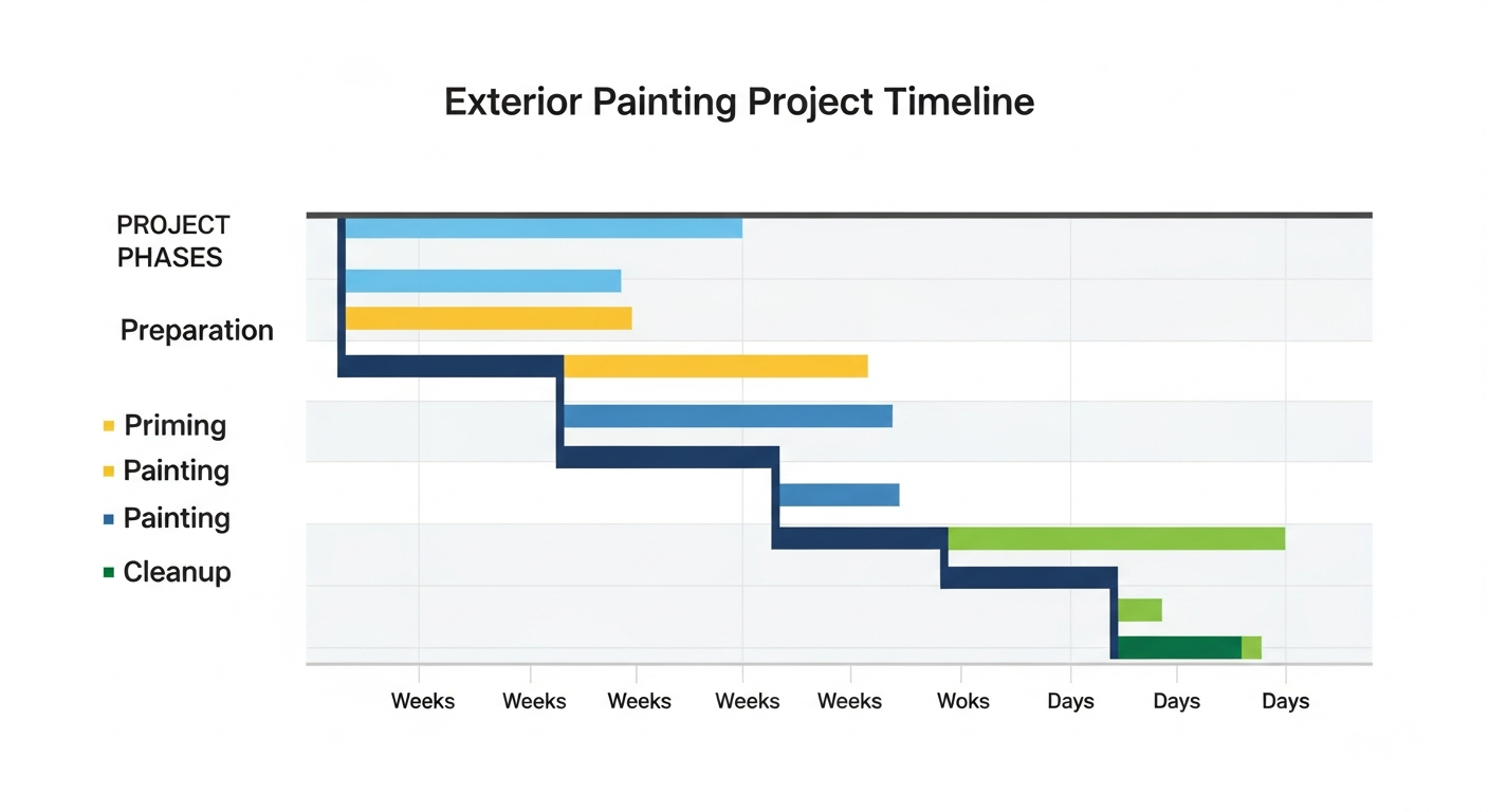 Gantt chart showing the four phases of an exterior painting project with timeframes for each phase