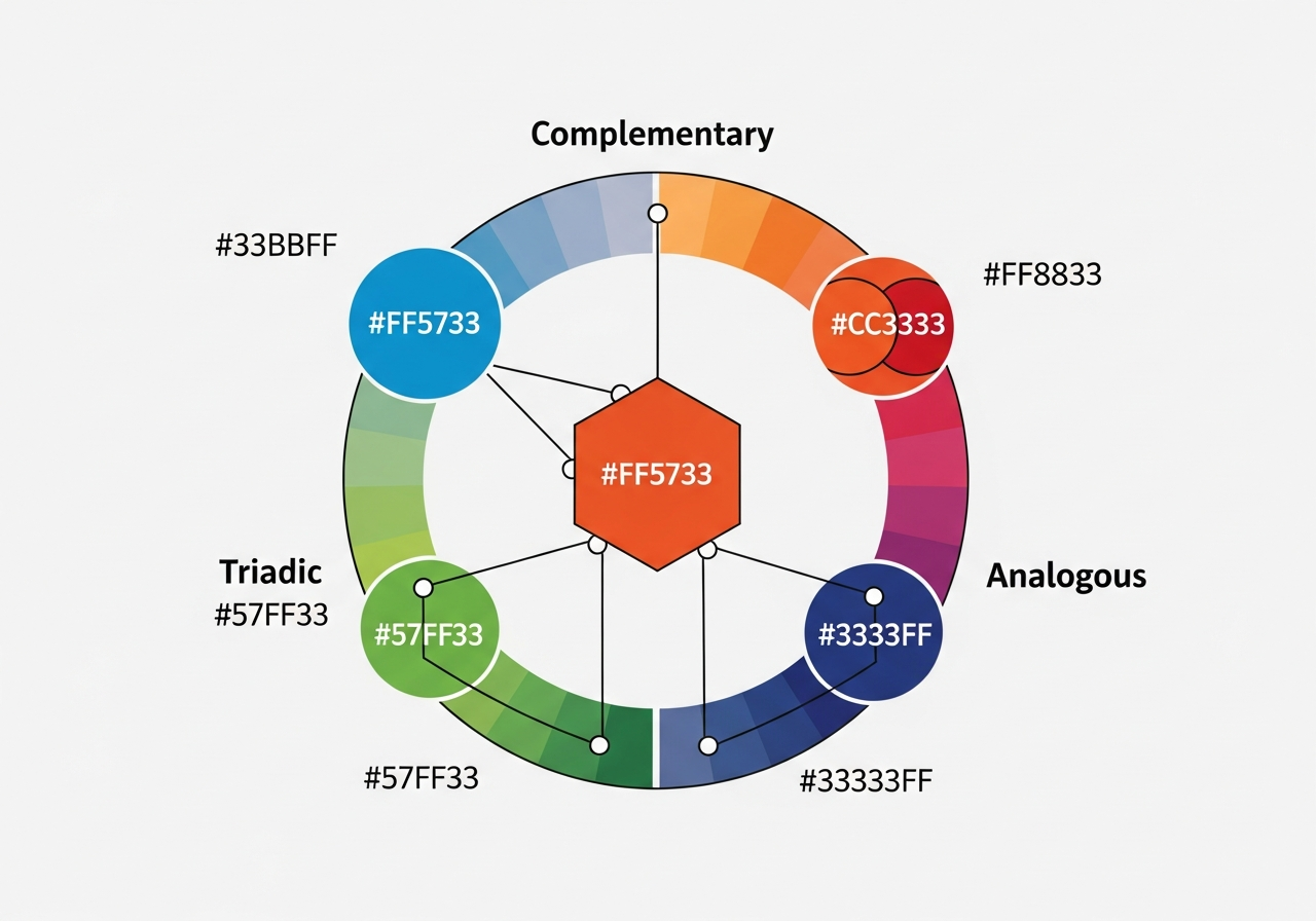 HSL color wheel showing hex code expansion into complementary and analogous positions