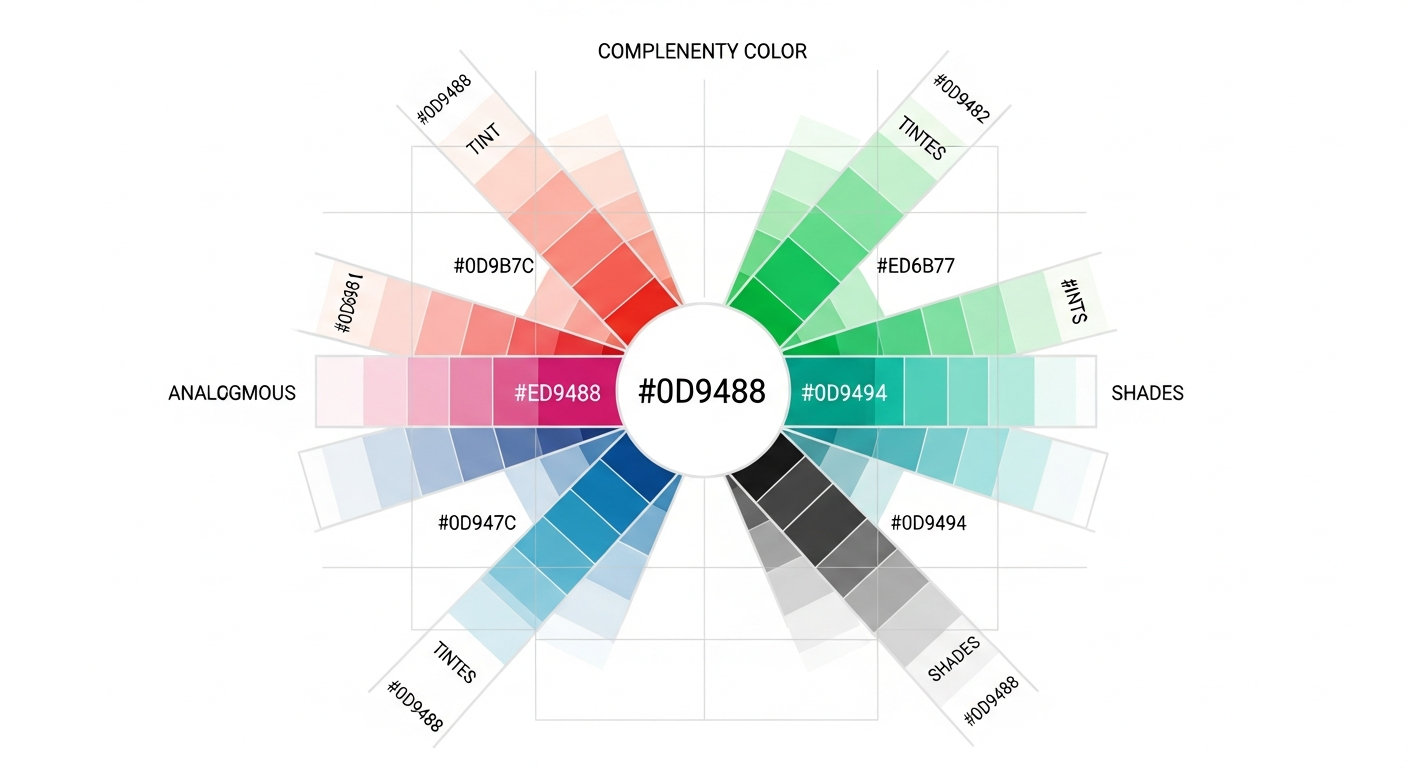 Single hex code expanding into a full five-color palette on a color wheel diagram