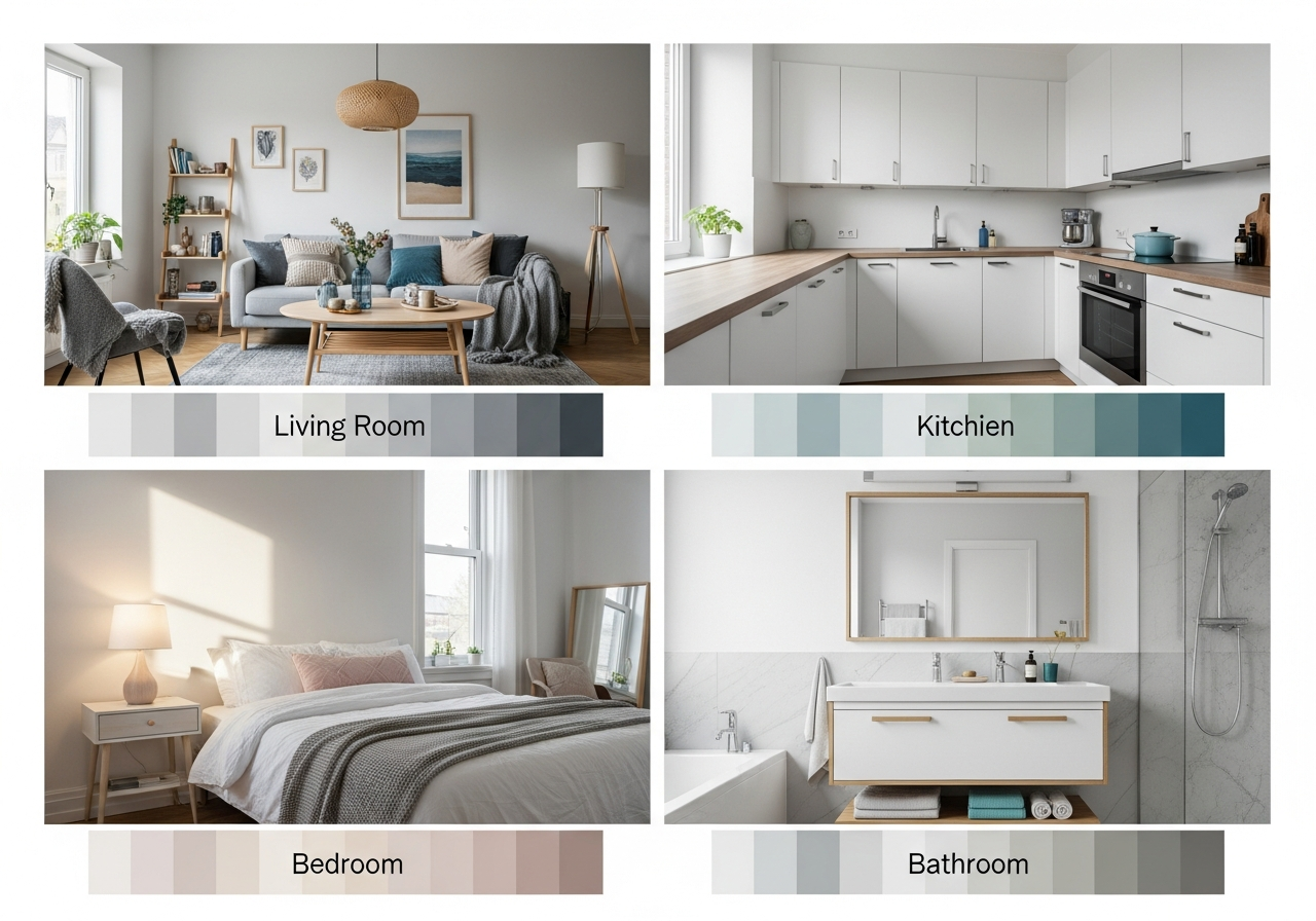 Visual diagram of the 60-30-10 color rule applied to a living room