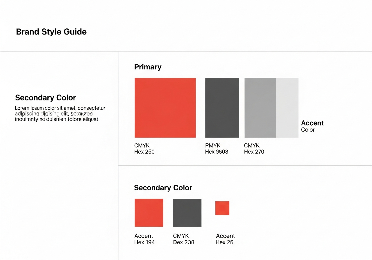 Five-color brand palette breakdown showing primary, secondary, accent, background, and text roles