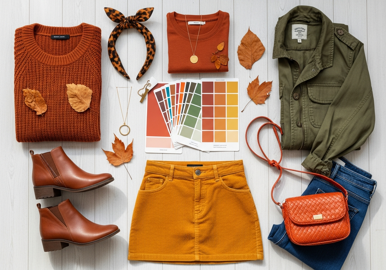 Living room decorated in warm autumn palette with terracotta walls and olive accents