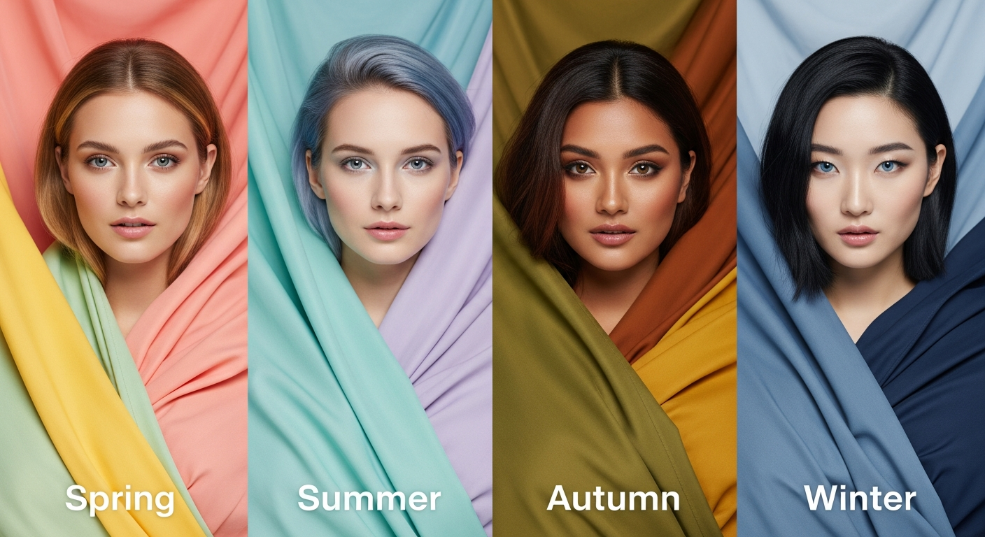 Seasonal color analysis fabric draping showing warm and cool tone comparisons